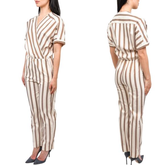 Maje Woven Jumpsuit V-Neck Stripe Elastic Waist Womens Size XL Ivory Brown NWT - Picture 1 of 14